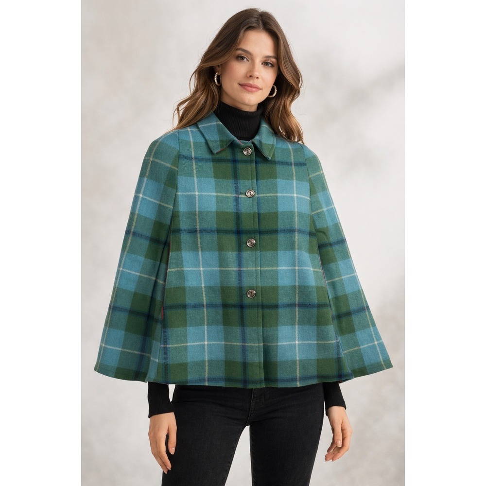 Vintage Green Blue Plaid Wool Cape Coat Red Lining Tartan‎ Poncho Reversible